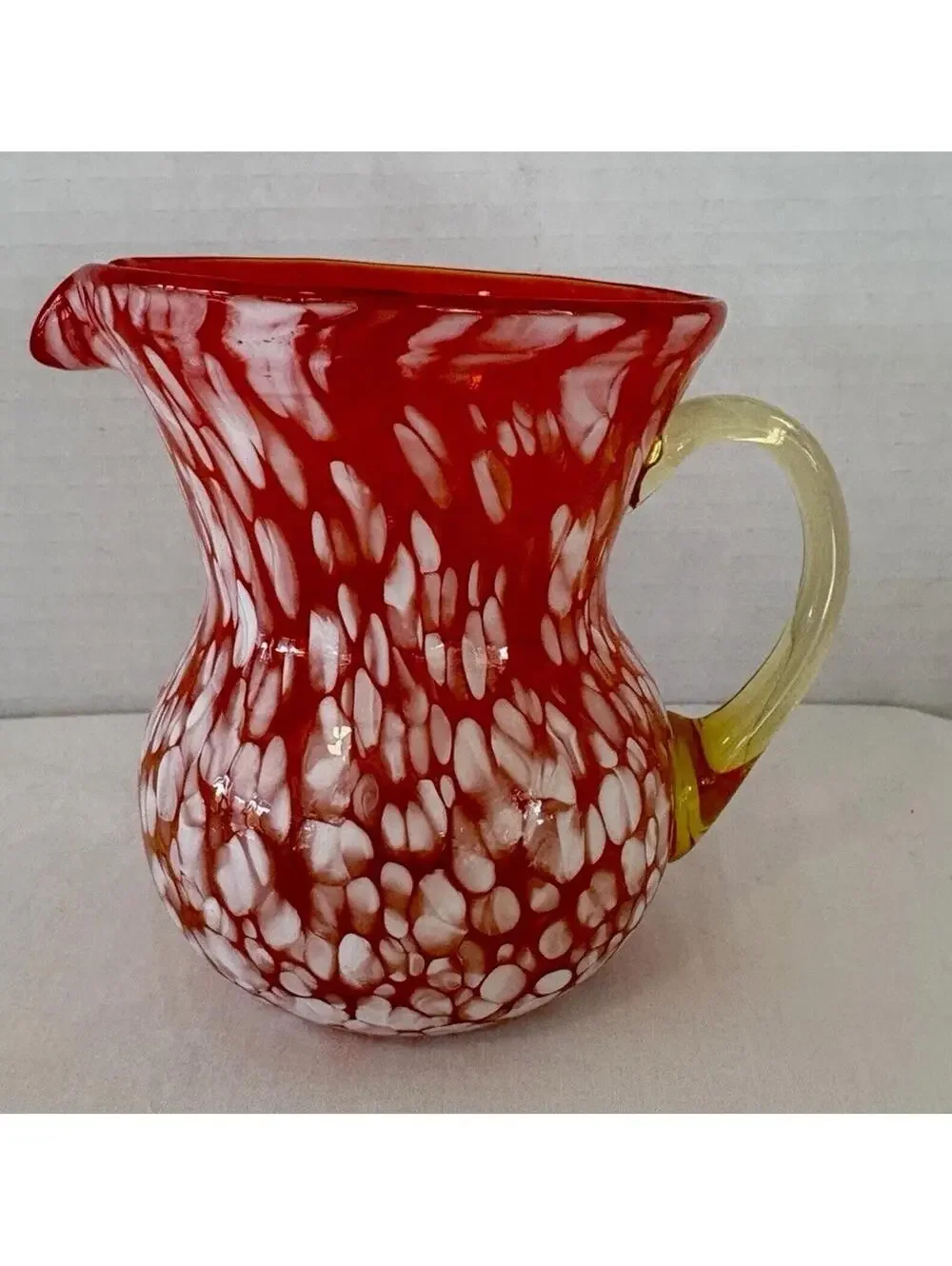 Vintage Hand Blown Rainbow Art Glass Pitcher Small Orange White & Yelllow